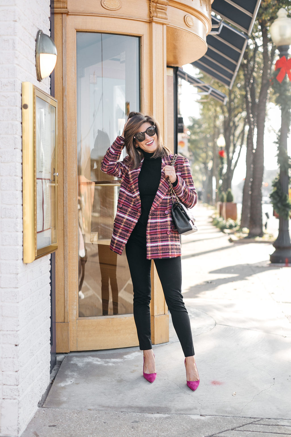 all black outfit plaid blazer hot pink pumps Chanel bag holiday snappy casual look