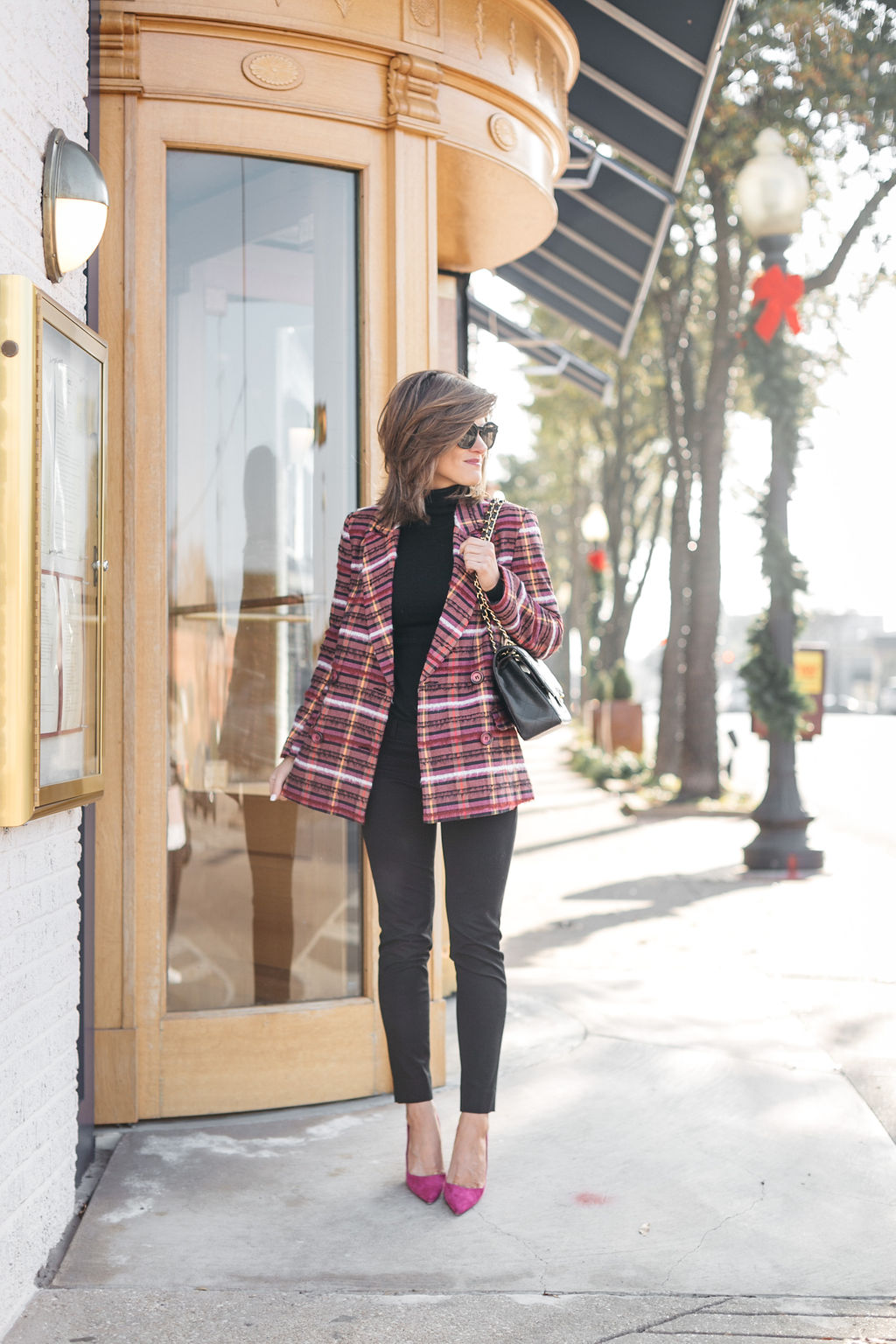 all black outfit plaid blazer hot pink pumps Chanel bag holiday snappy casual look