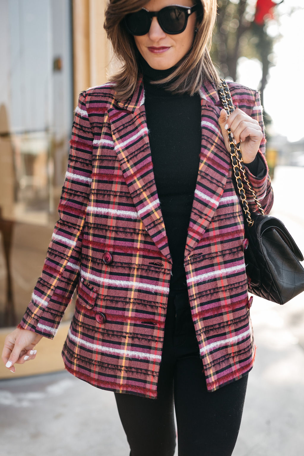 holiday hot pink plaid double breasted blazer with black turtleneck