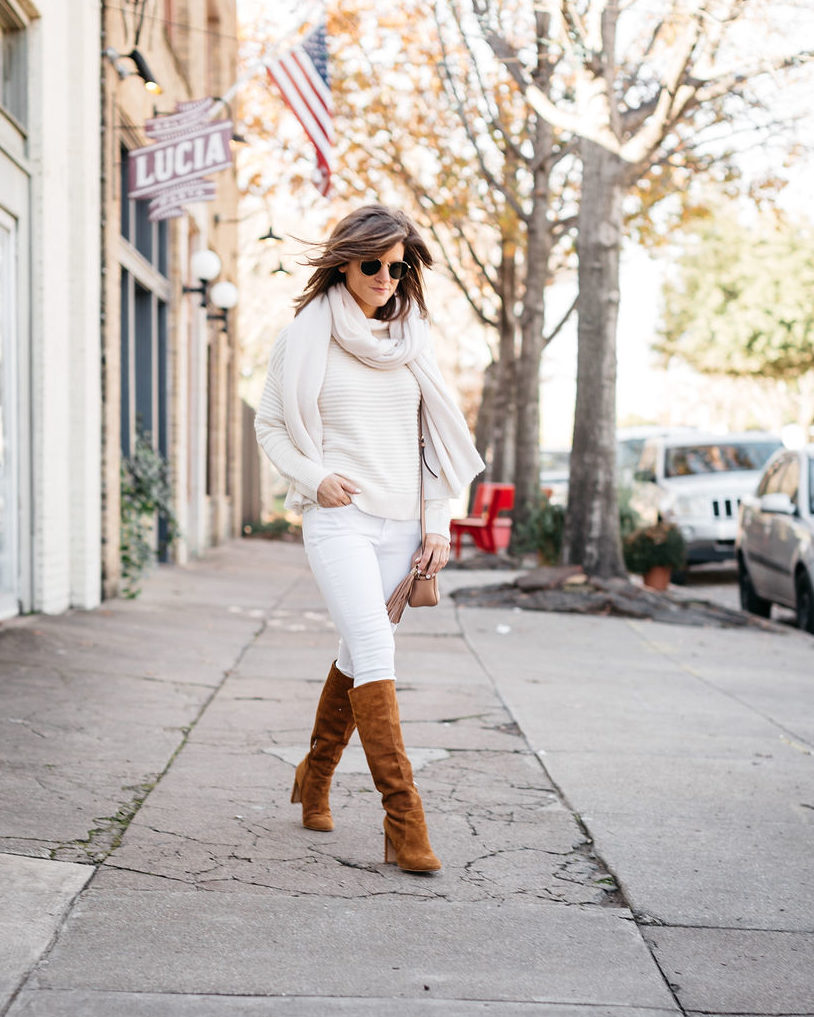 winter white outfit, wearing white jeans in winter with cream sweater and scarf