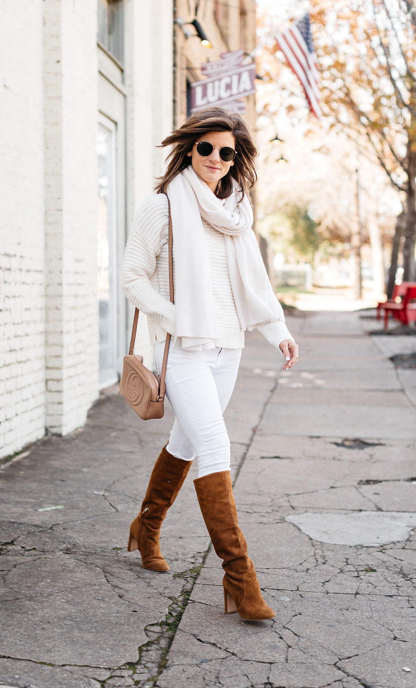 winter white outfit all white look with brown suede boots 