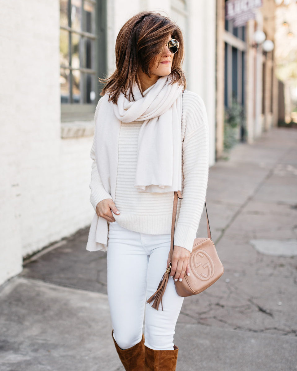 brighton keller wearing winter white outfit with white and warren cashmere scarf