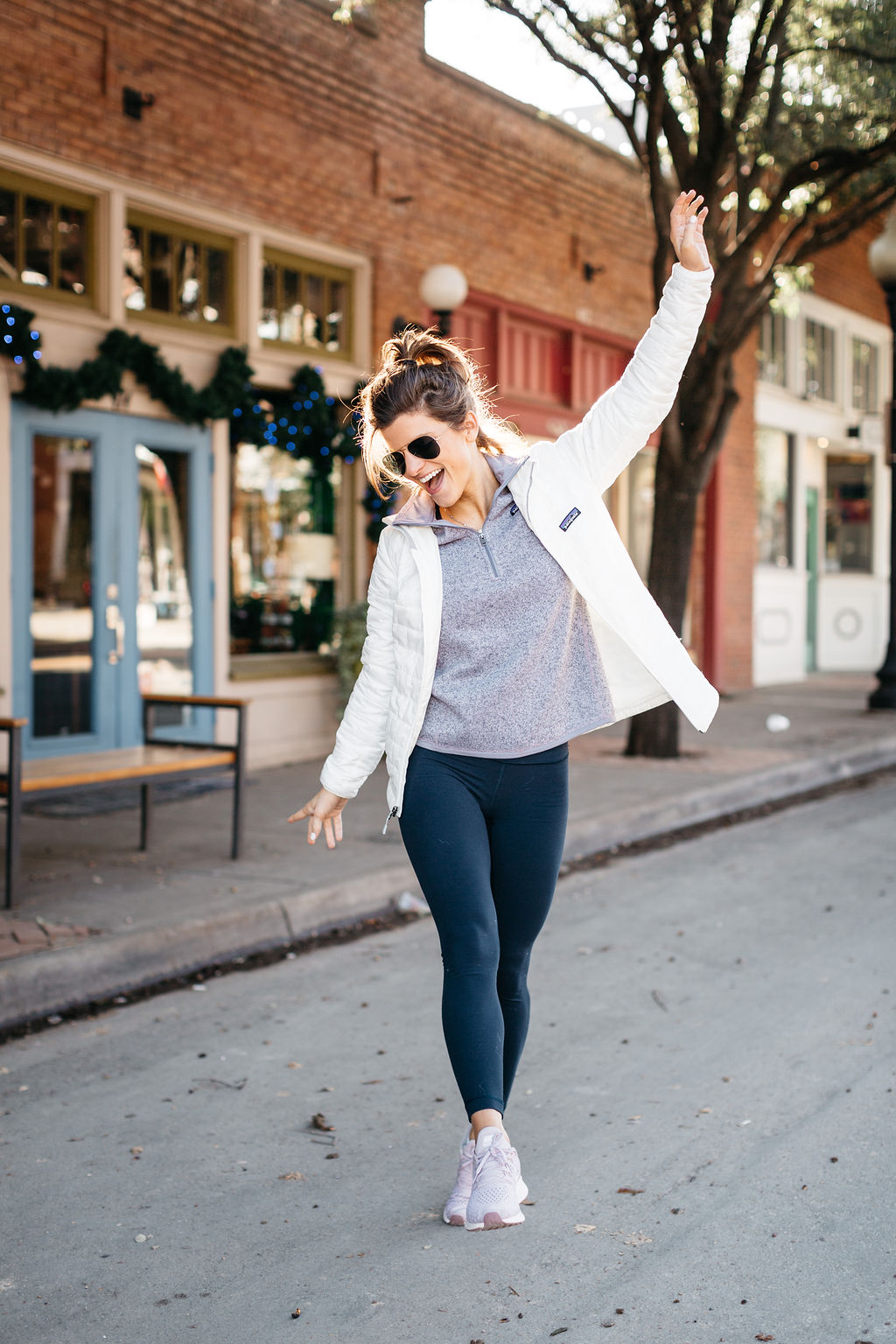 how to find balance when you're busy, brighton keller wearing patagonia white jacket, lilac pullover, athleisure outfit