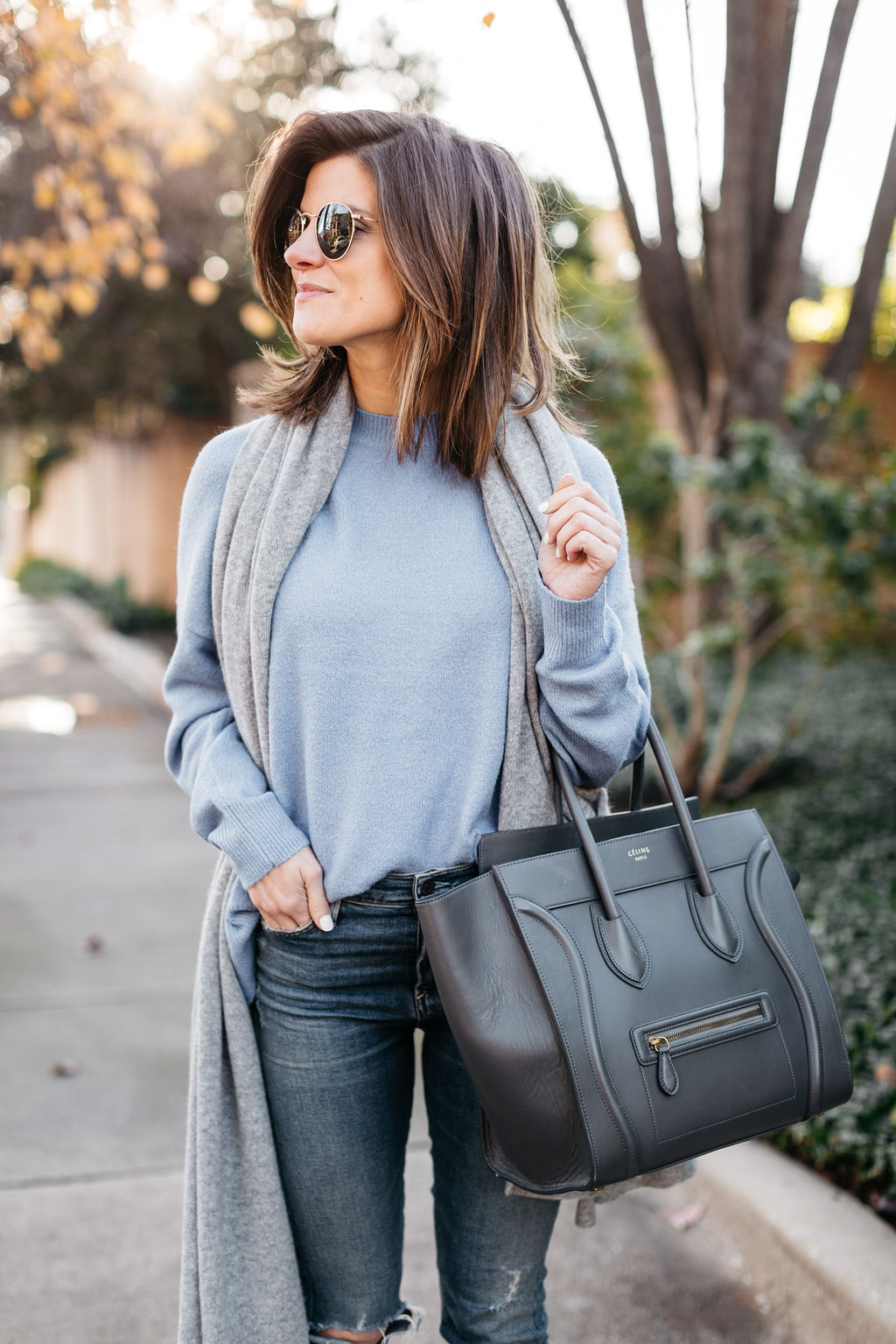 white booties outfit blue sweater grey cashmere scarf grey celine bag 1