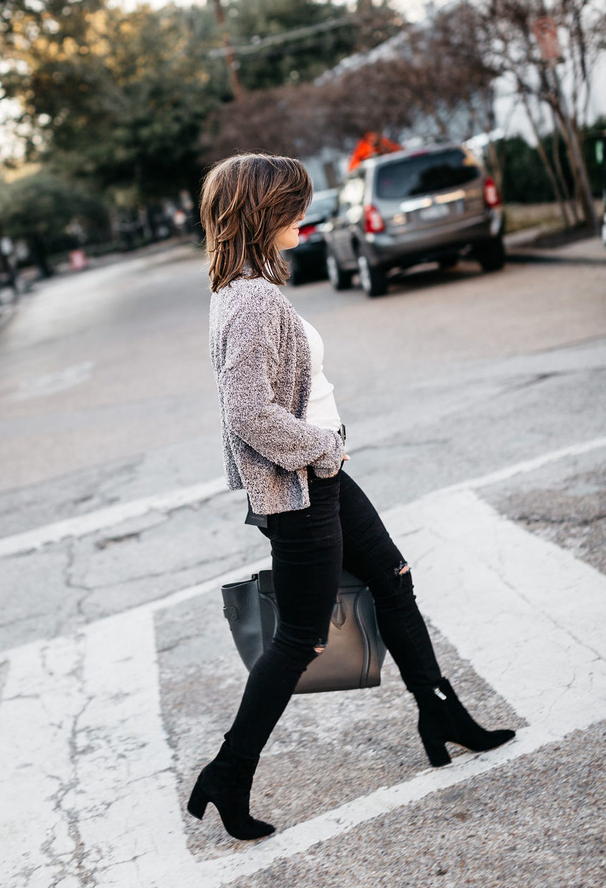 winter outfit black jeans with black heeled booties