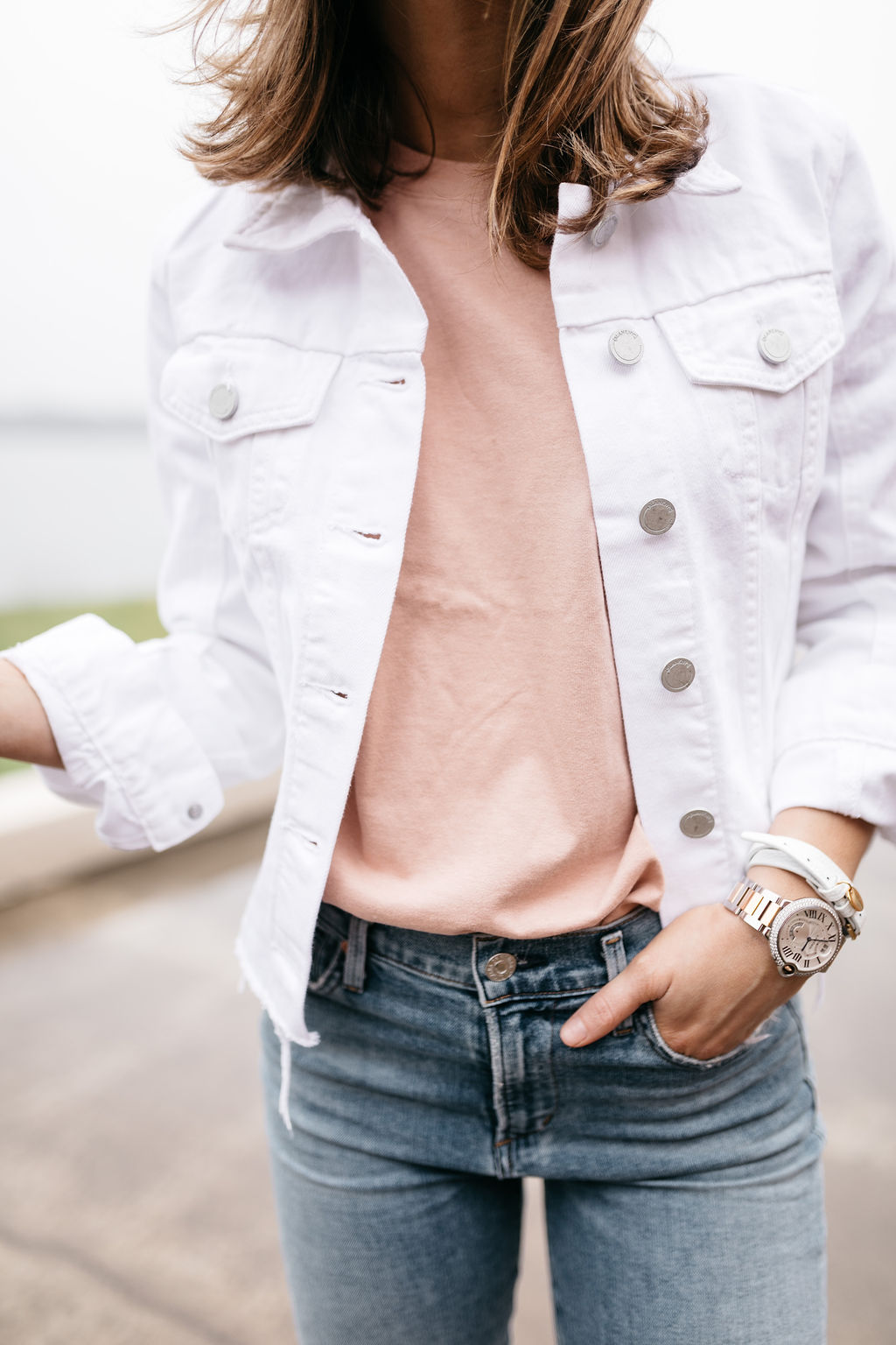 light jeans pink tee white denim jacket Victoria emerson bracelet