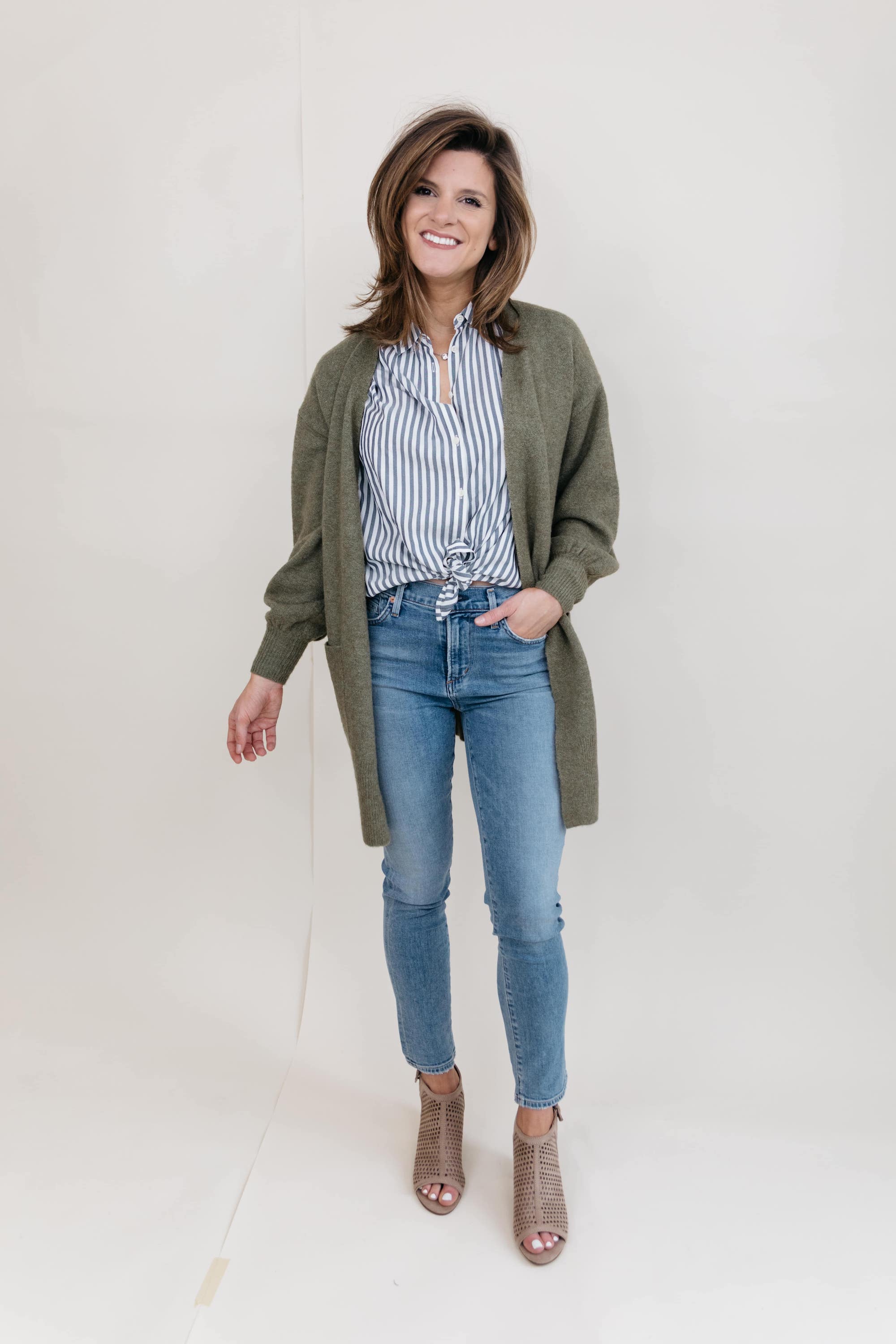 light skinny jeans, striped buttonup, olive green cardigan, tan peep toe booties 2