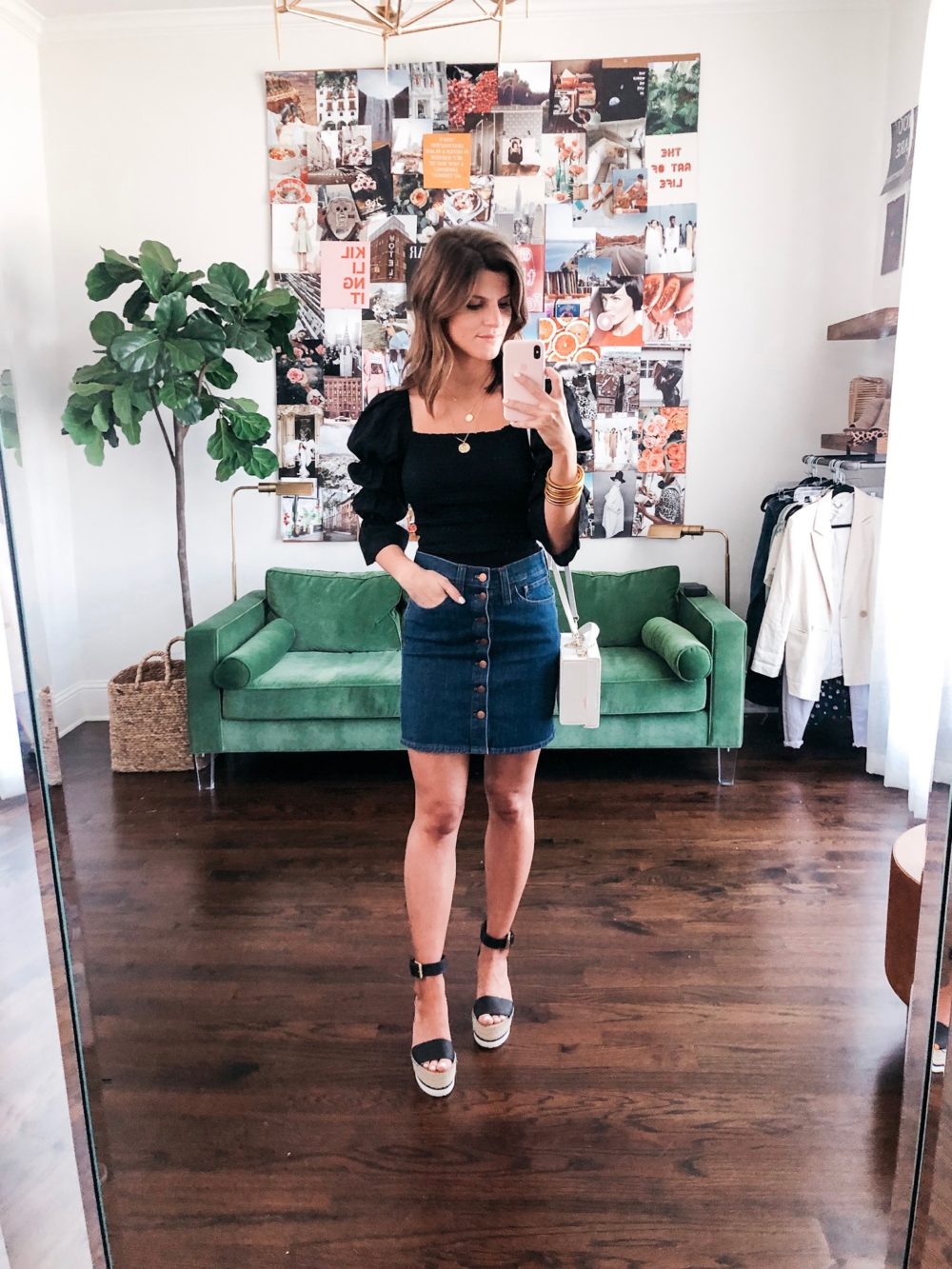 spring date night outfit with denim mini skirt and black square neck top