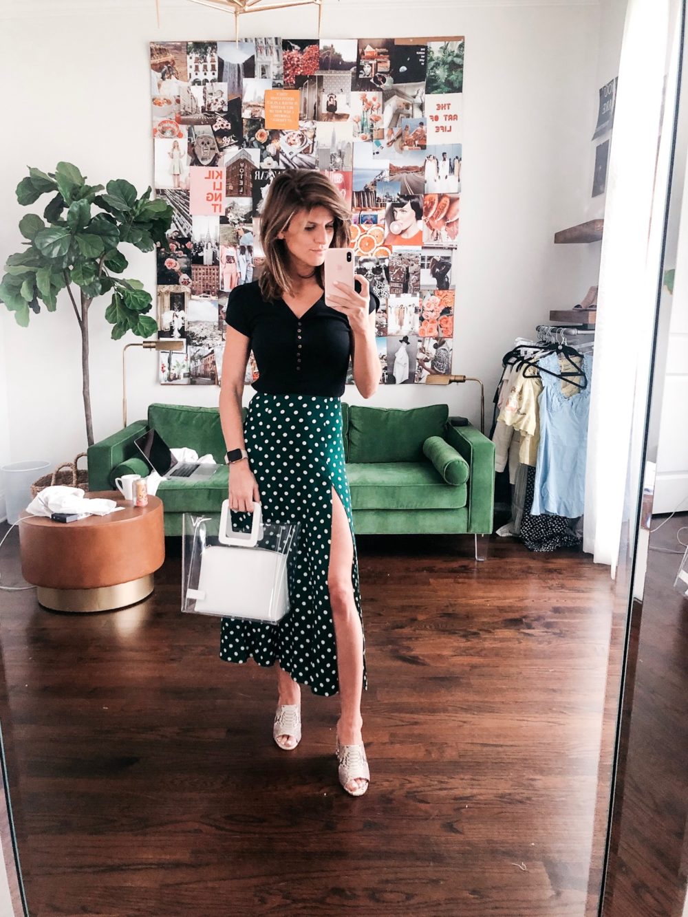 spring date night outfit reformation polka dot midi skirt and bodysuit