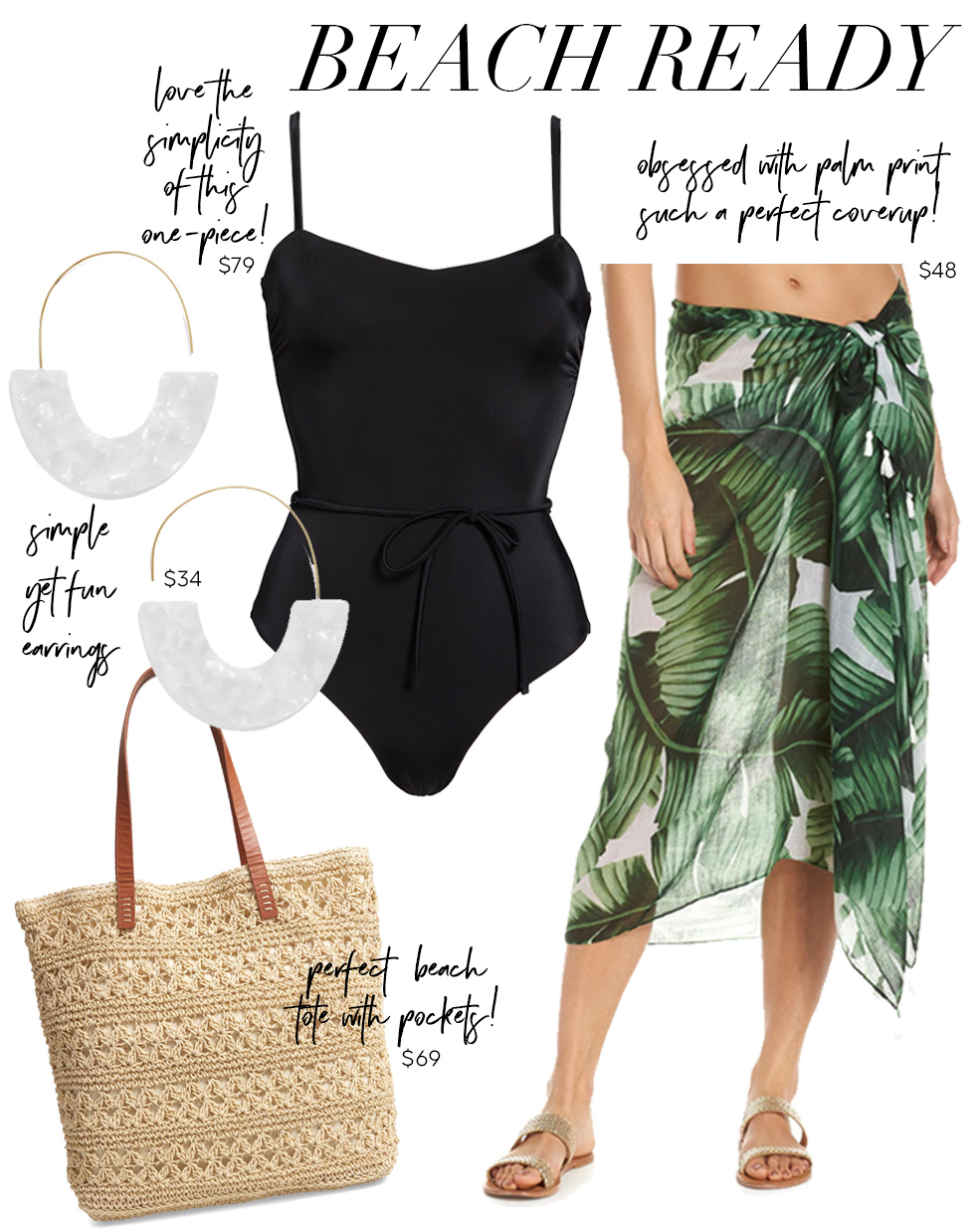 beach look one piece and palm print sarong