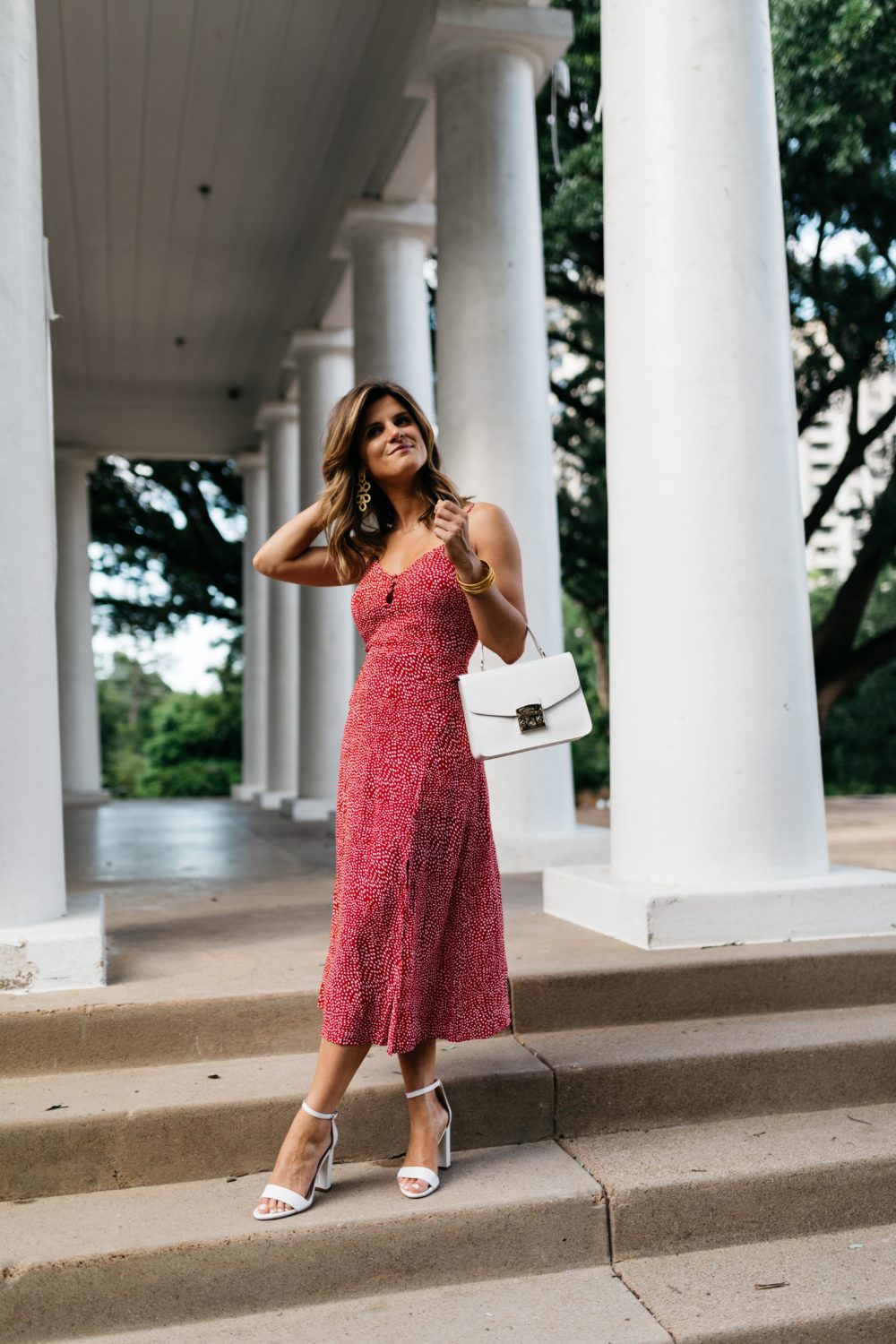 4th of July outfit red midi dress with white sandals