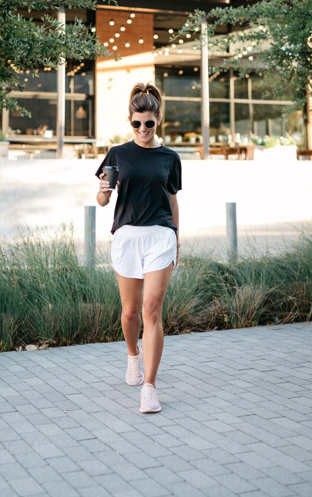 Lululemon 4" tracker shorts in white with black boyfriend tee