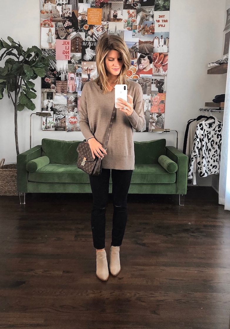 Nordstrom Anniversary Sale Early Access Picks Fall Outfit chelsea28 cardigan black jeans nude suede booties