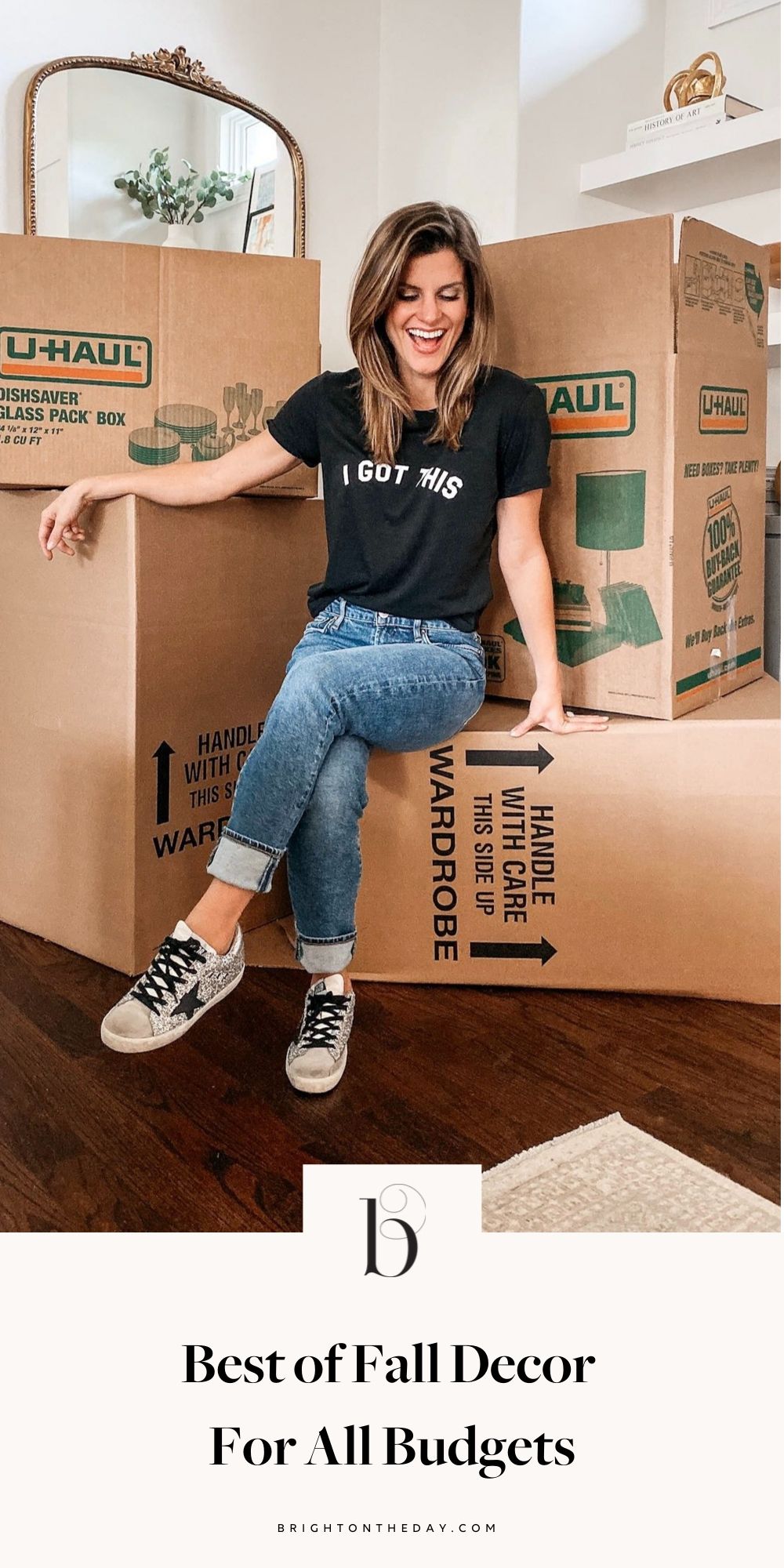 brighton keller sharing fall decor tips wearing i got this tee and medium wash jeans and graphic tee and golden goose sneakers