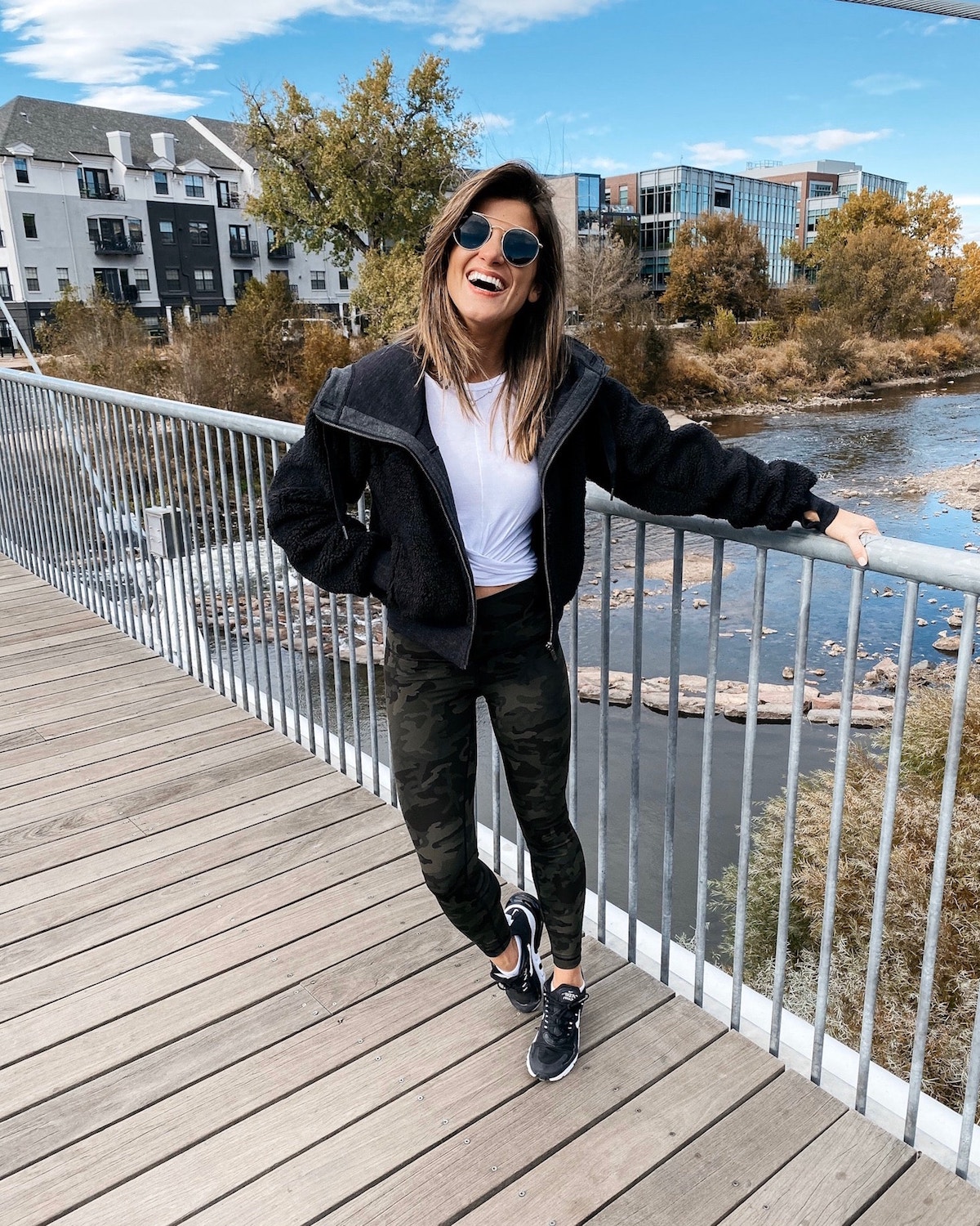 brighton Keller wearing Lululemon camo print align pant with sherpa jacket athleisure outfit