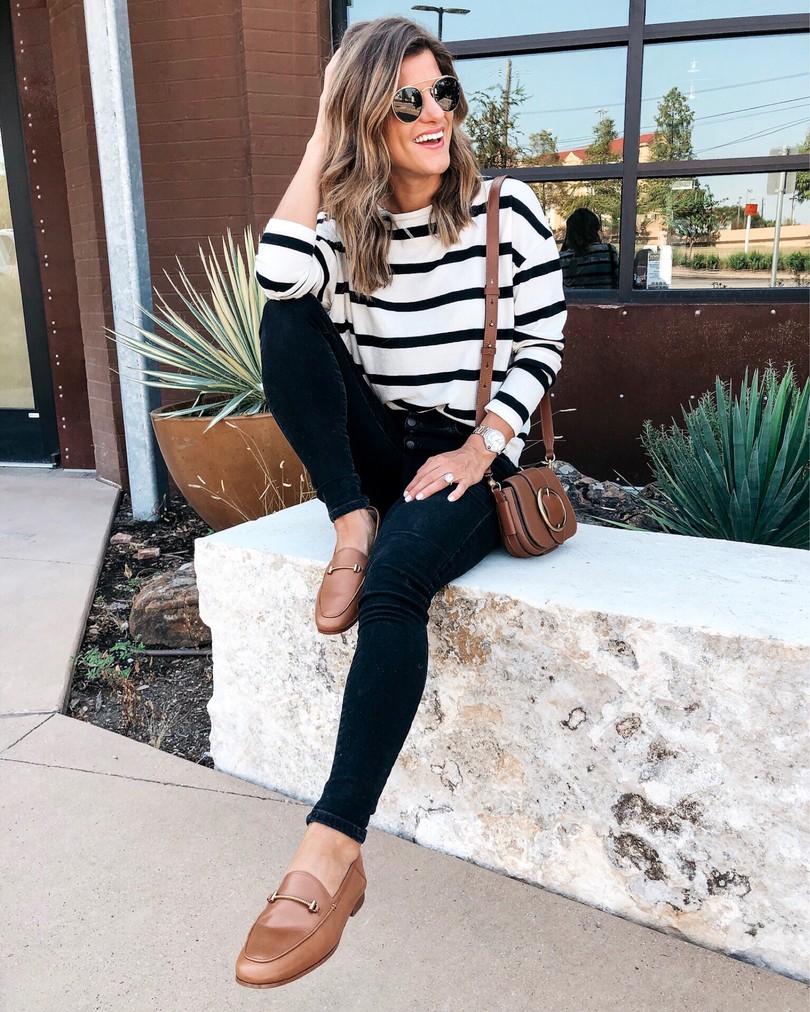 brighton keller striped long sleeve and tan loafers
