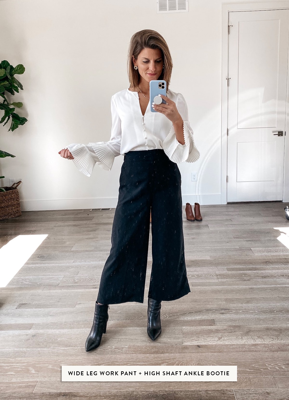 how to wear booties to work wide leg work pant with black leather booties