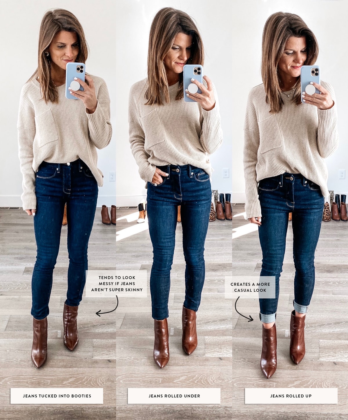 how to know whether to tuck your jeans in or roll them up when wearing booties