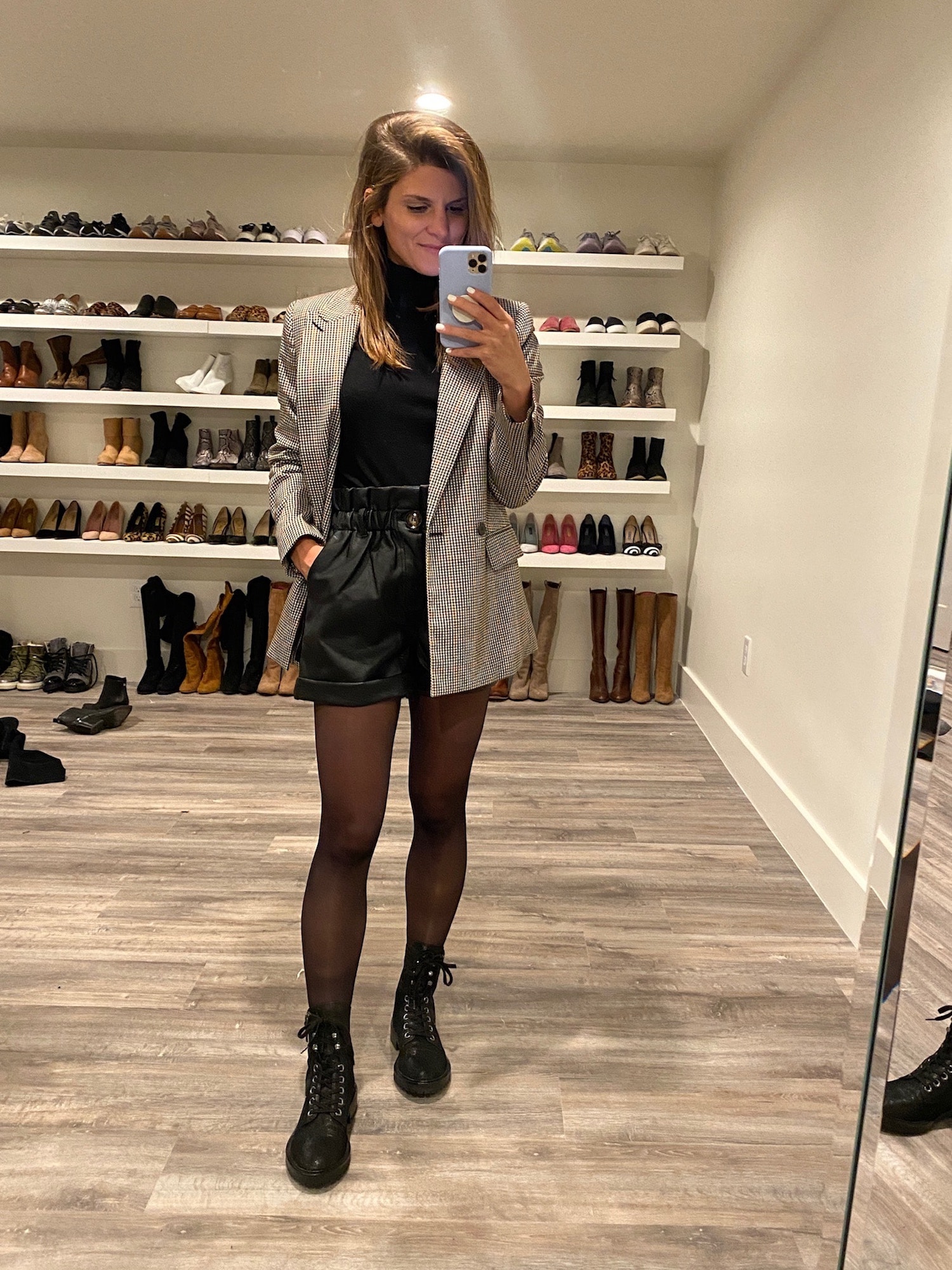 winter outfit leather paper bag shorts tights combat boots with blazer and turtleneck