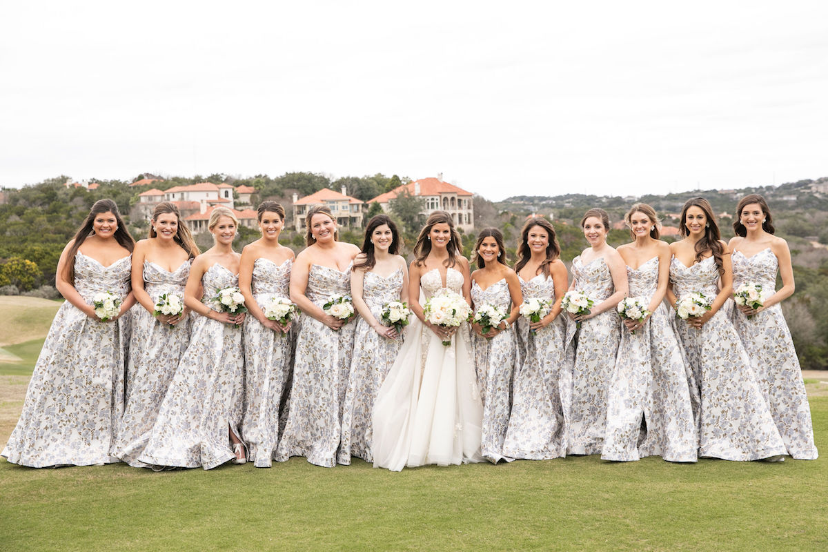 brighton keller with bridesmaids blue floral long dresses