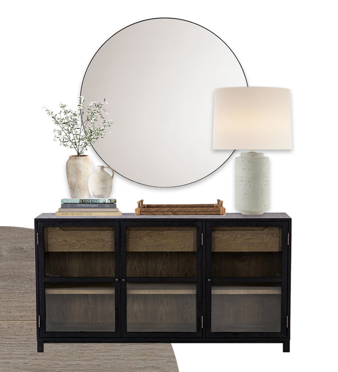 styling dining room sideboard with round mirror above