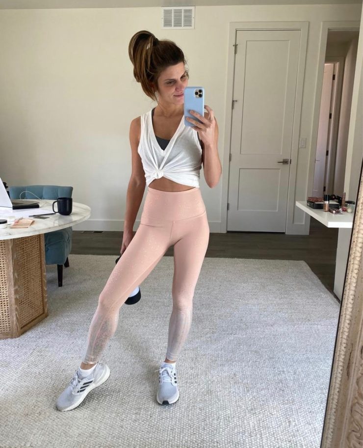 Brighton Keller pink workout leggings and white tank
