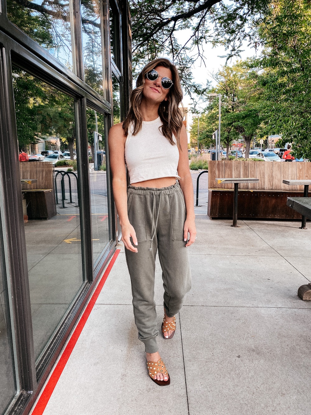 olive green joggers with slides and crop top