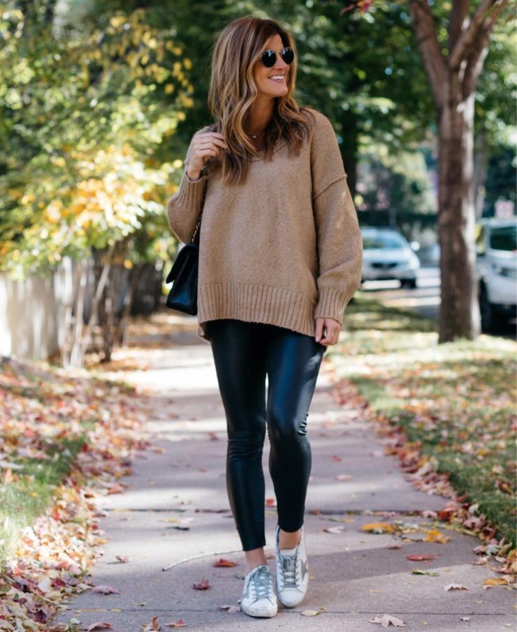 October Favorites Free People Sweater Spanx Maternity Leggings Ray-Ban Golden Goose Sneakers Fall Outfit Inspo