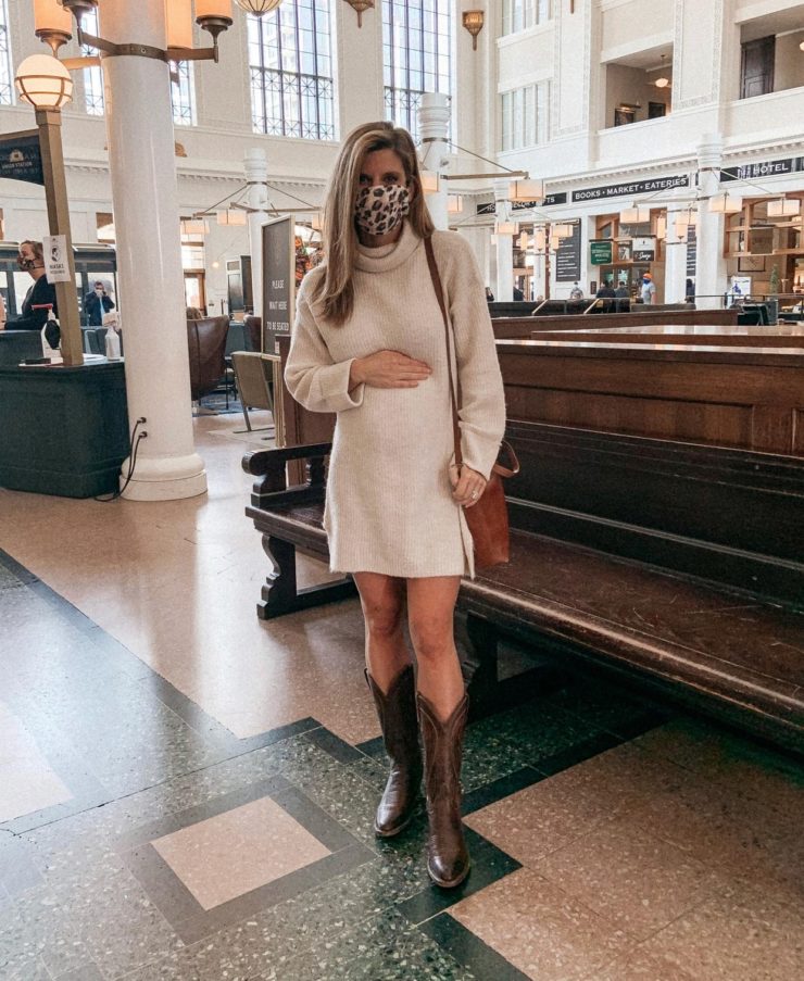 October Favorites Free People Sweater Dress Face Mask Leather Crossbody Boots Fall Outfit Inspo
