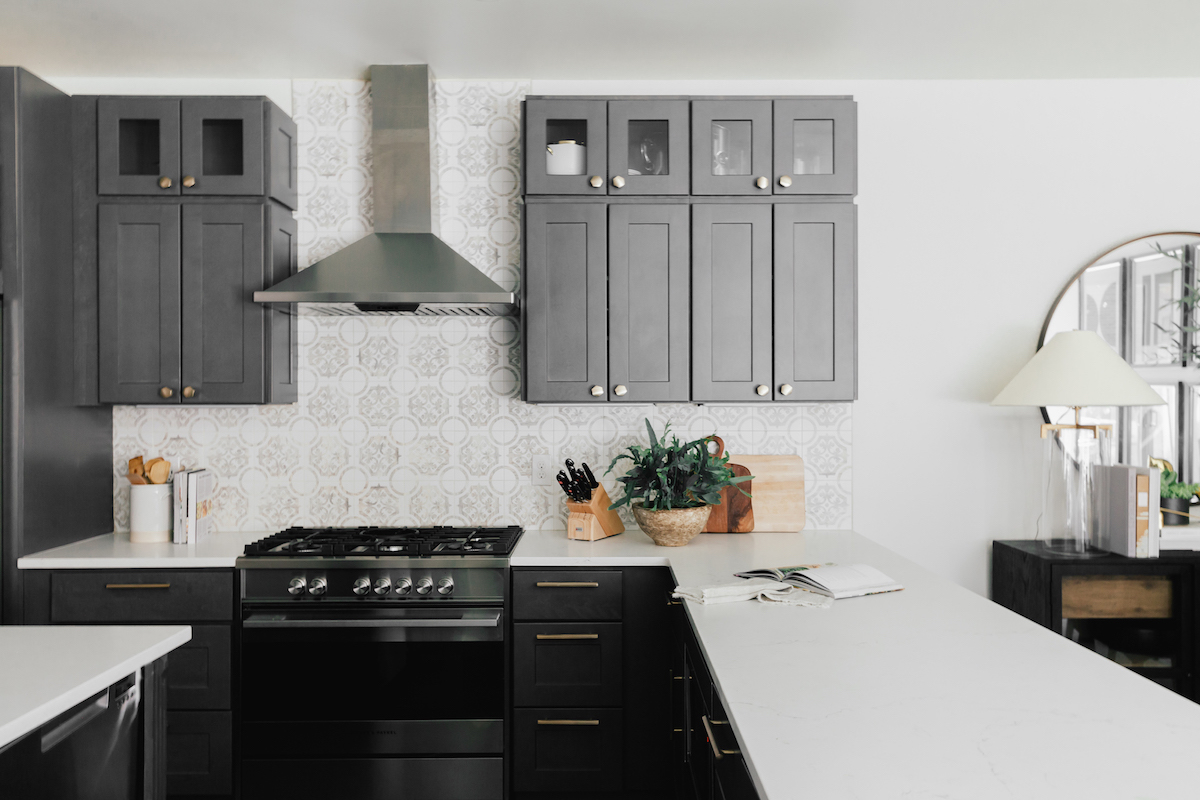 brighton butler denver kitchen grey cabinets with grey and white patterned backplash