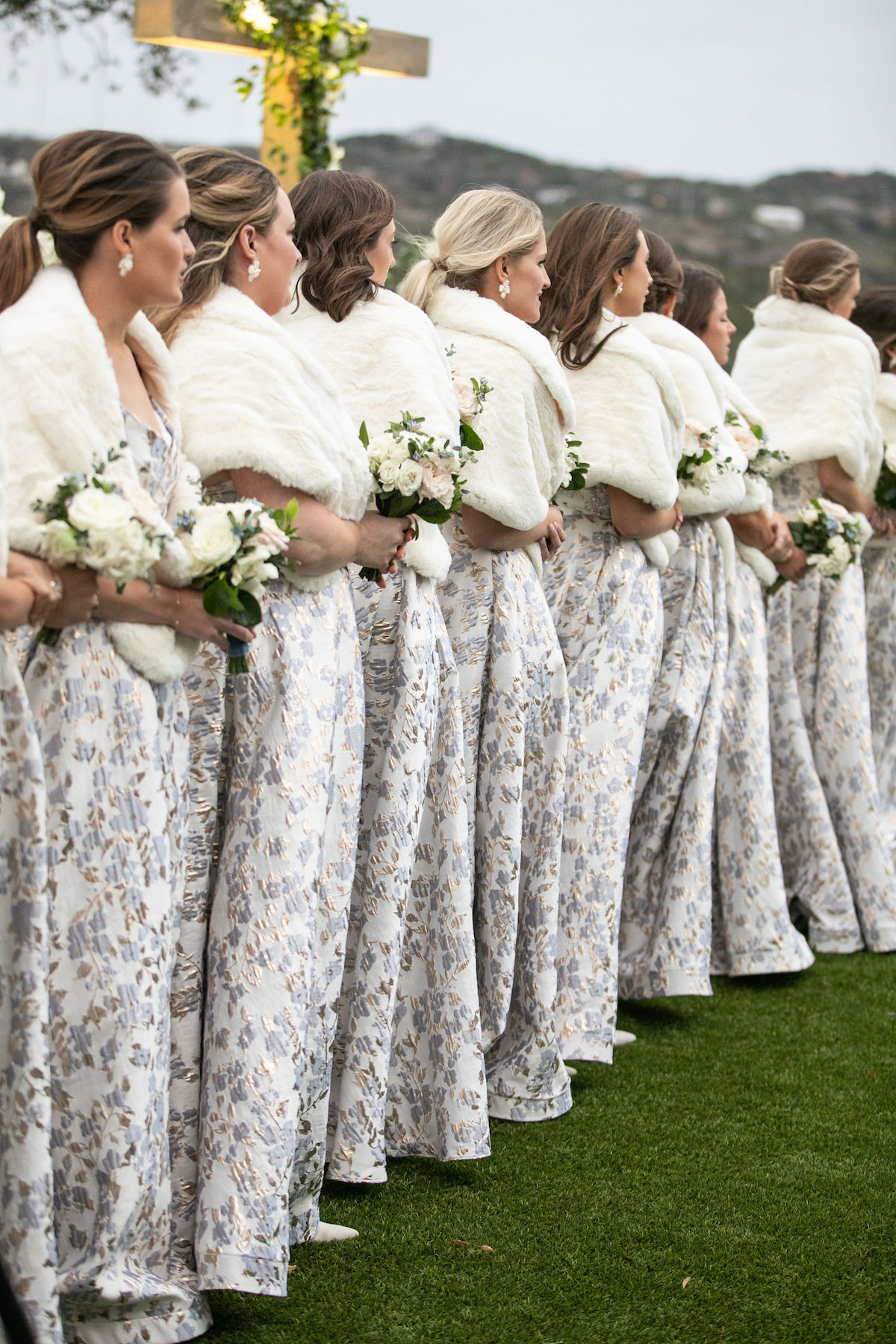 brighton butler wedding ceremony bridesmaids dresses and faux fur stoles