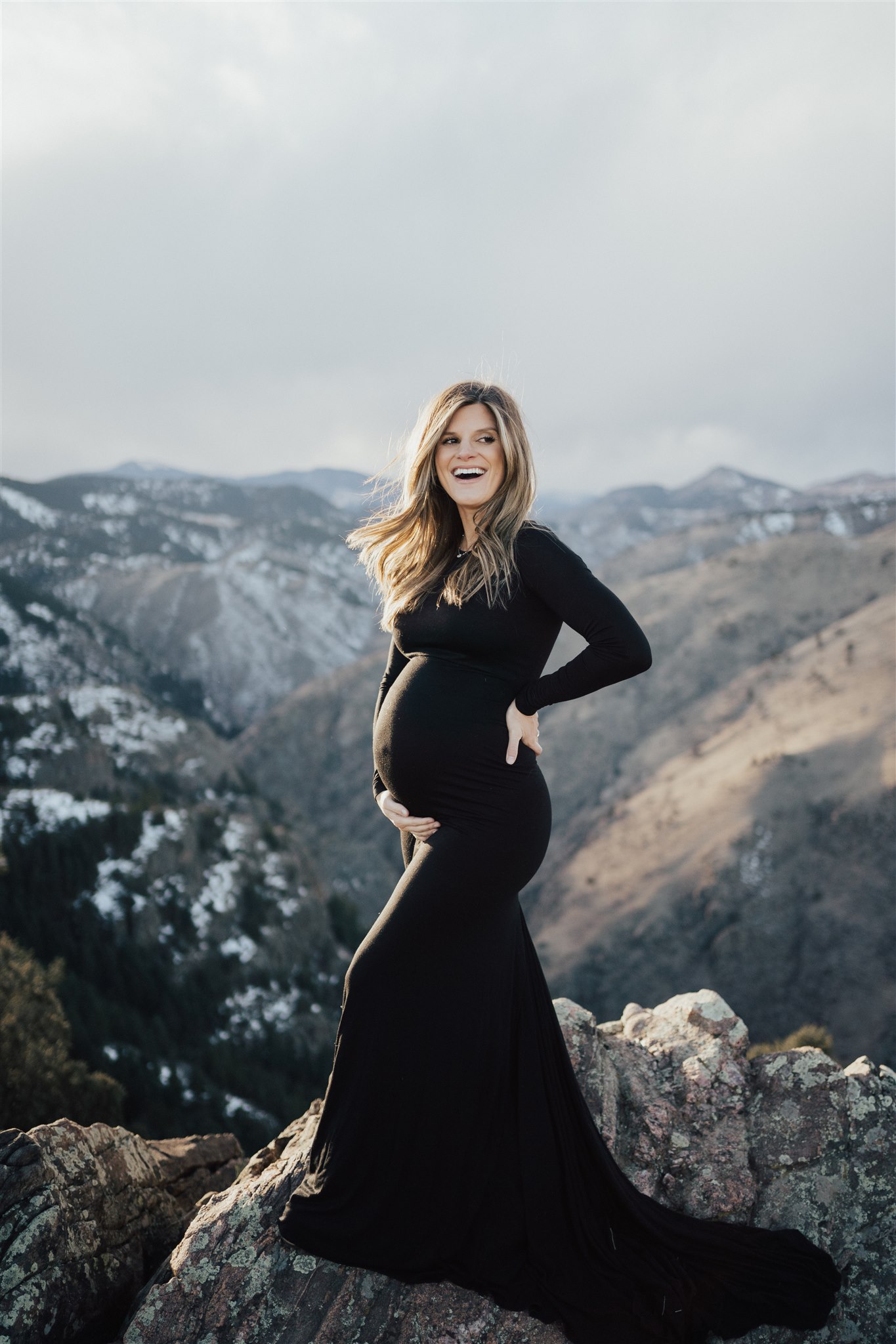Maternity photos brighton and duncan 30 weeks, mountain maternity photos, long black dress, second trimester q&a