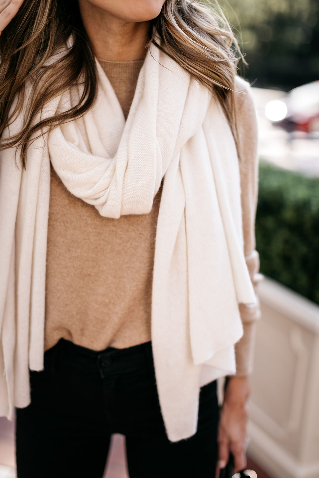 white and warren cashmere scarf, tan crew cashmere sweater crewneck