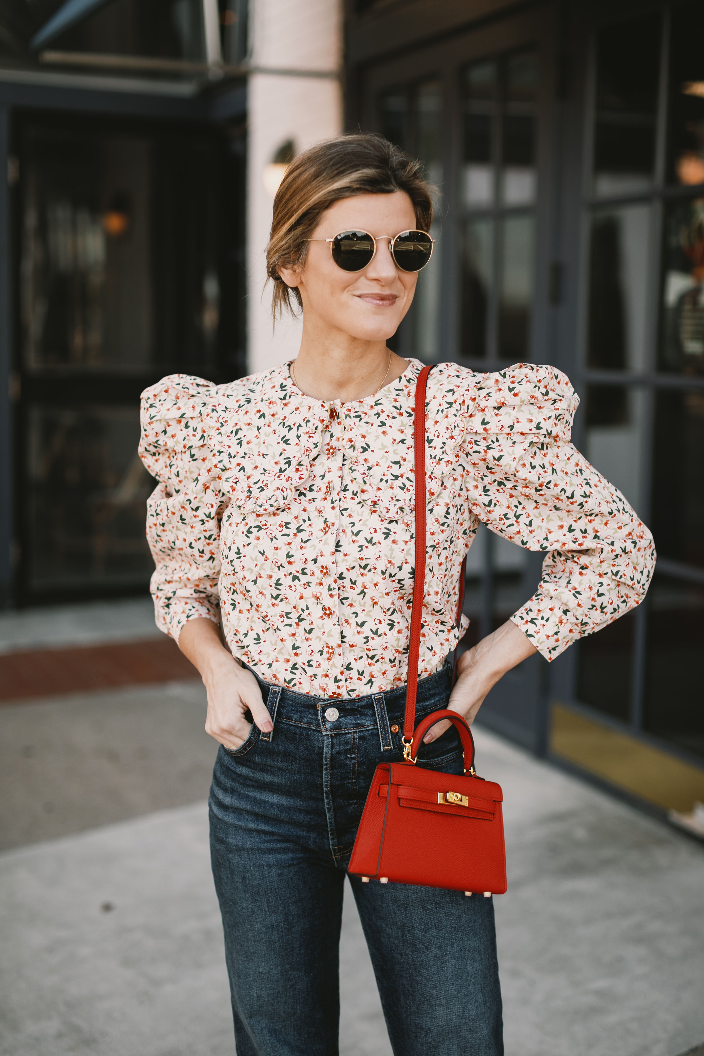 brighton butler mini red bag with floral puff sleeve top