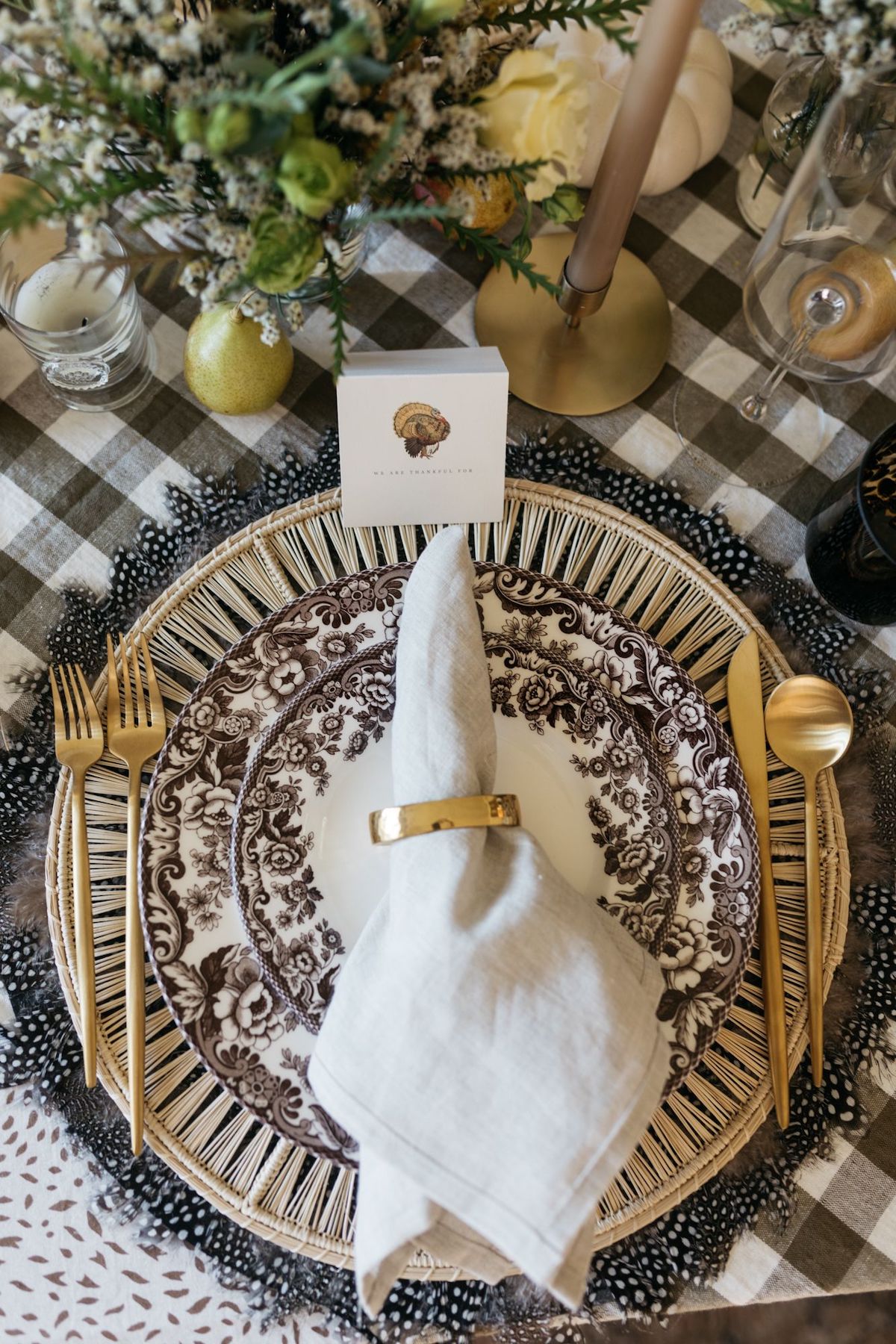 Thanksgiving Fall Tablescape, gingham tablecloth, Spode plates, two's company feather placemats