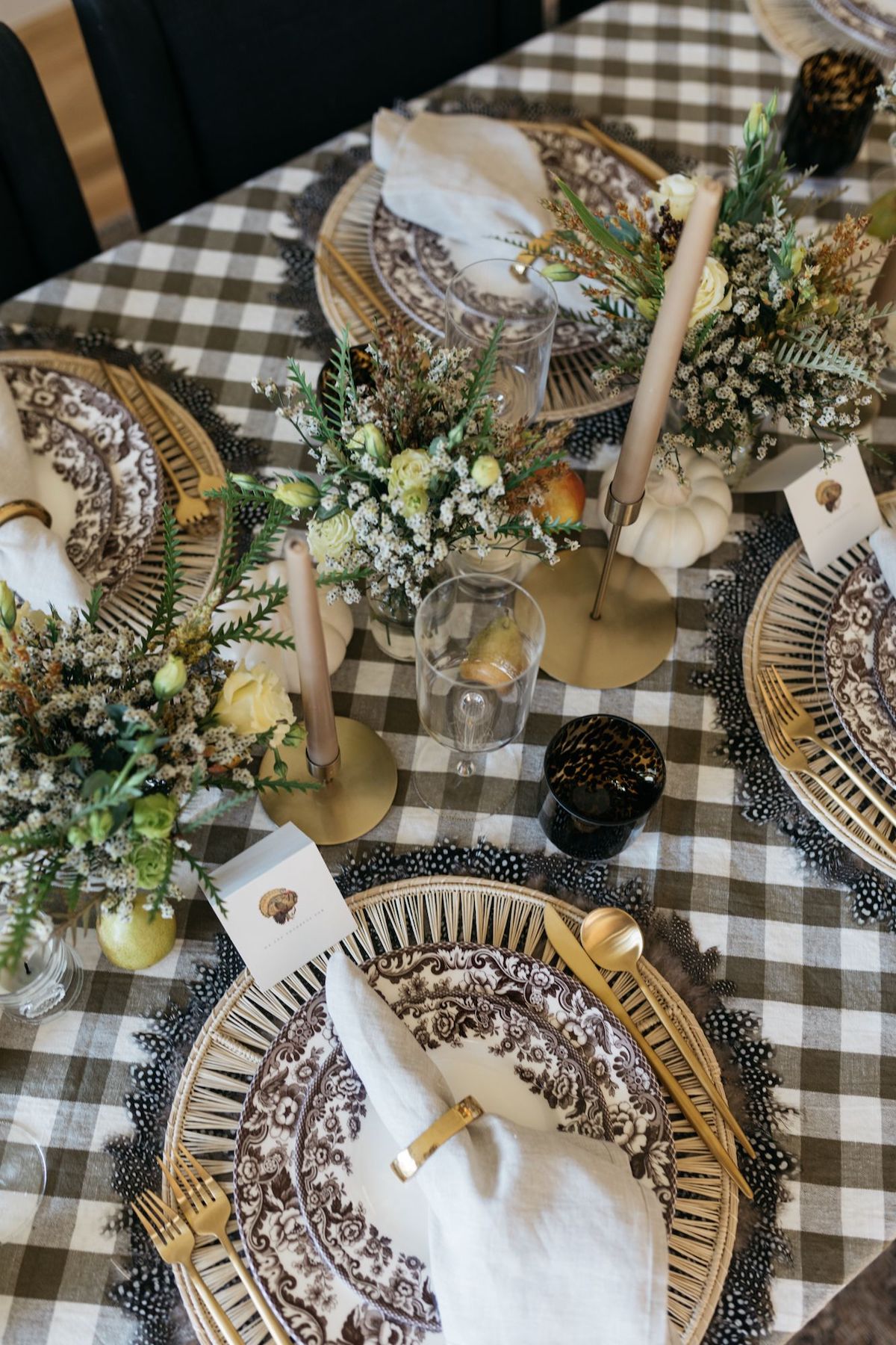 Thanksgiving Fall Tablescape, gingham tablecloth, Spode plates, two's company feather placemats