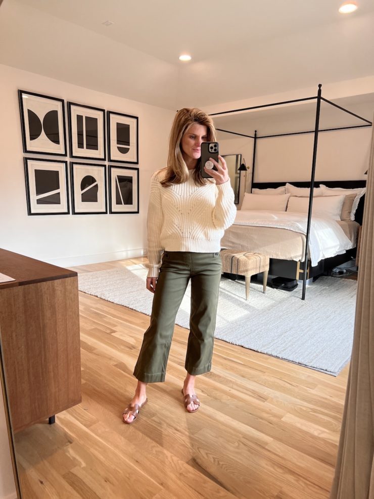 Brighton Butler wearing spanx twill wide leg pant in olive