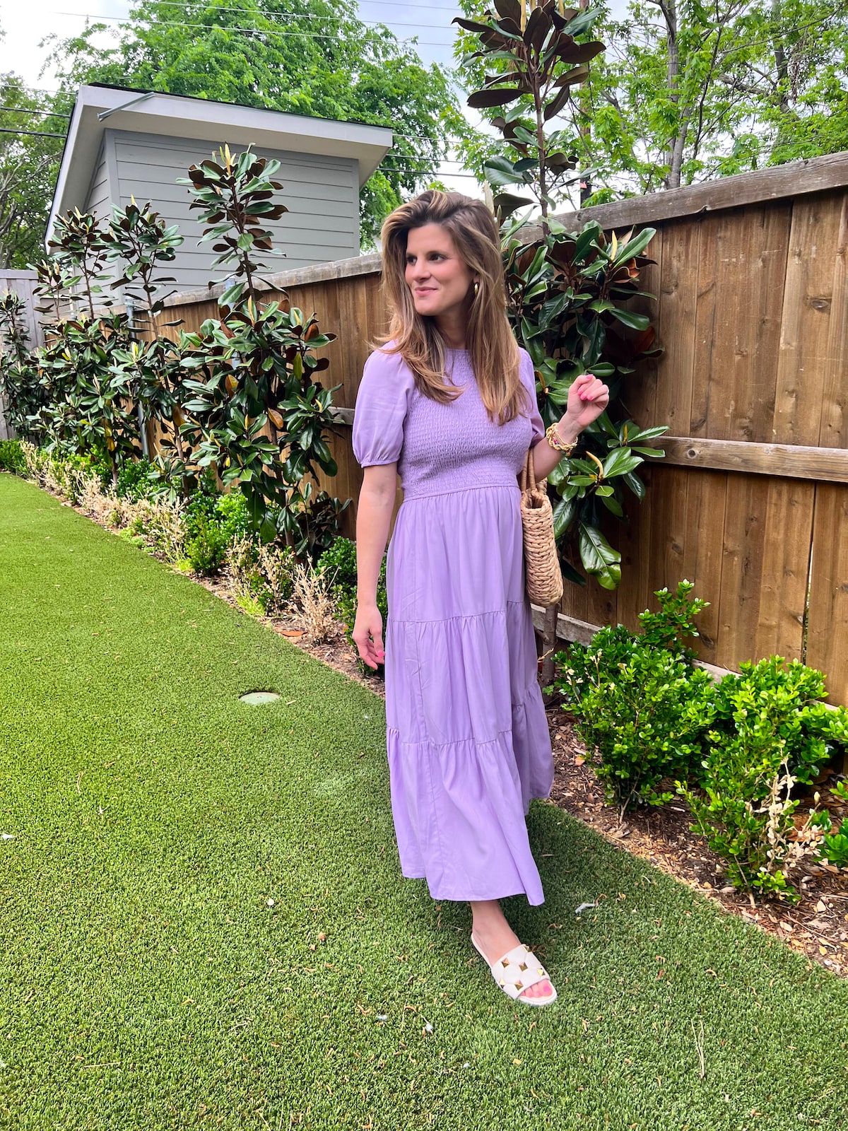 Brighton Butler wearing Amazon purple smock dress summer comfort
