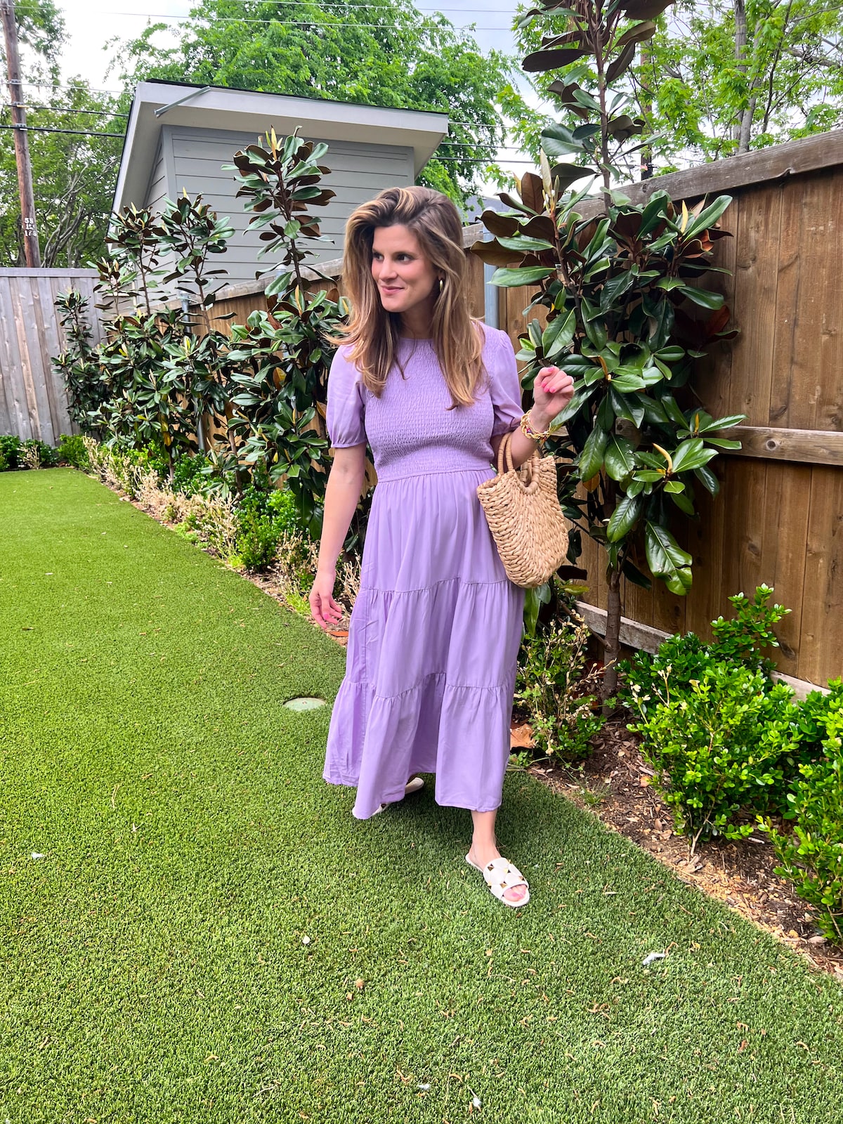 Brighton Butler wearing Amazon purple smock dress summer comfort