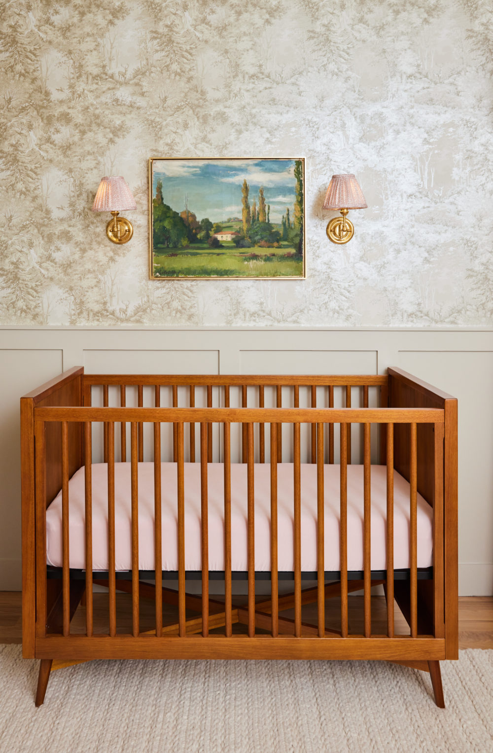 Brighton Butler Nursery Reveal, pink and green nursery, baby girl nursery with walnut crib and pink sheet