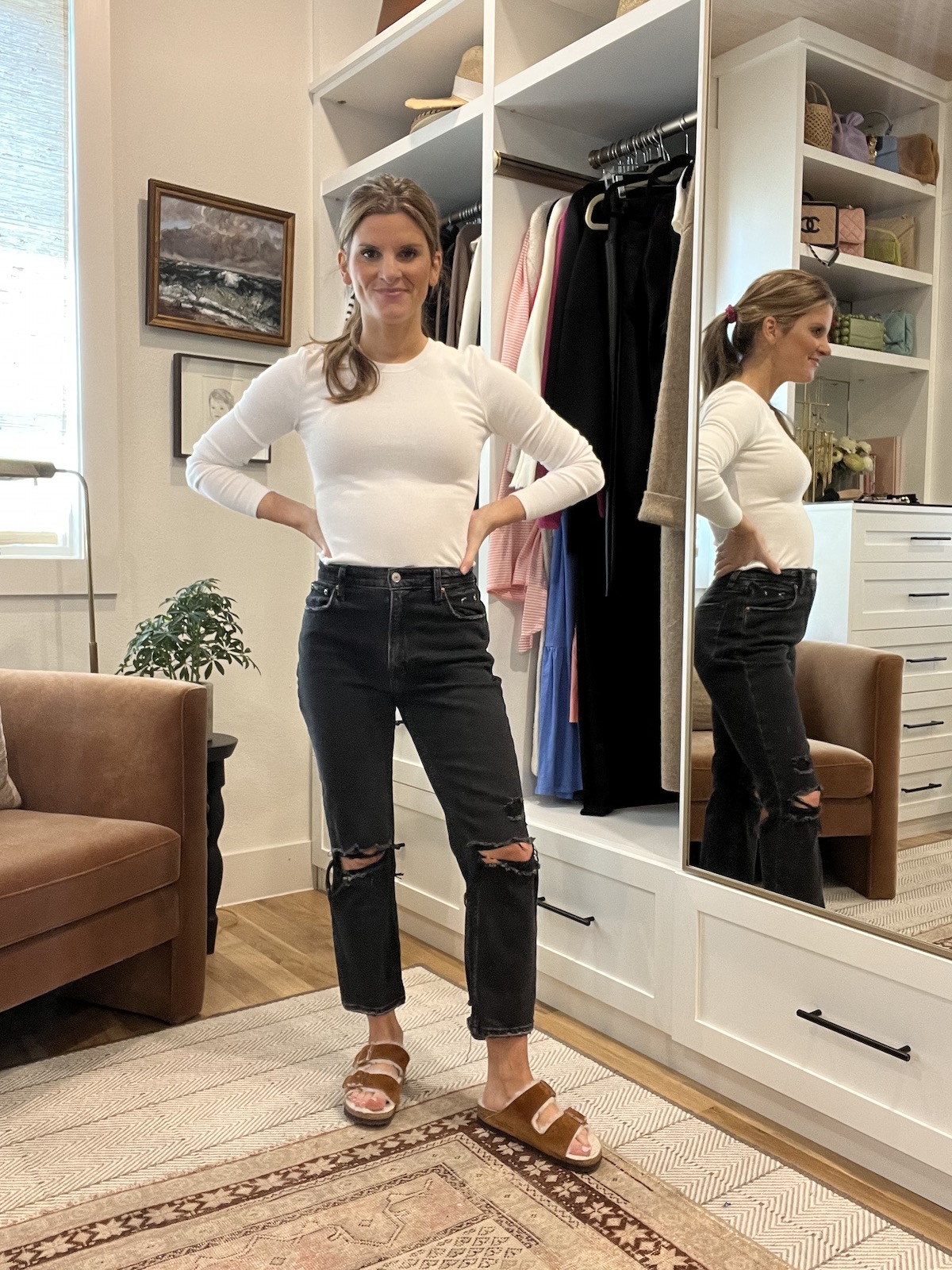 Brighton Butler wearing abercrombie high rise ankle straightdenim and white long sleeve
